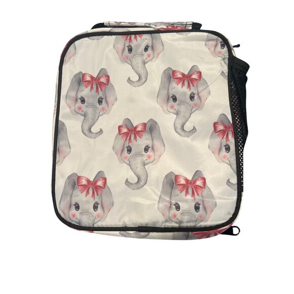 NWOT Insulated Lunchbox with Shoulder Strap Zipper Pockets Elephants Bows 11"x9" - Picture 2 of 3